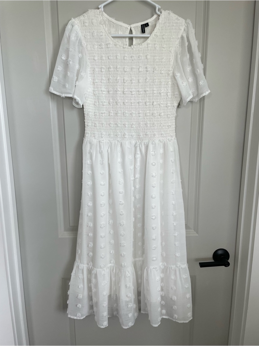 Annebouti White Swiss Dot Smocked Midi Dress | Cottagecore Romantic Small